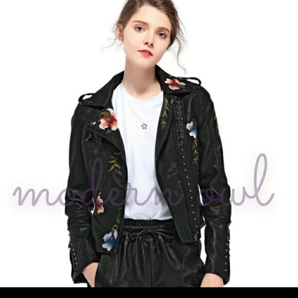 Leather Floral/accented Faux leather Moto Jacket sz L 8-10 XXL 14-16 - Picture 1 of 16